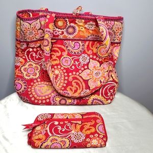 Retired Vera Bradley Raspberry Fizz 2008 Medium Button Tote And Zip Wallet Lot